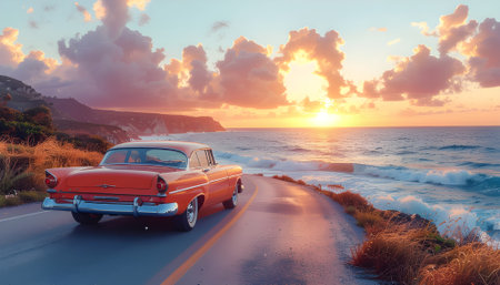 Sunset Coastal Drive Classic Car Road Trip Adventureの素材