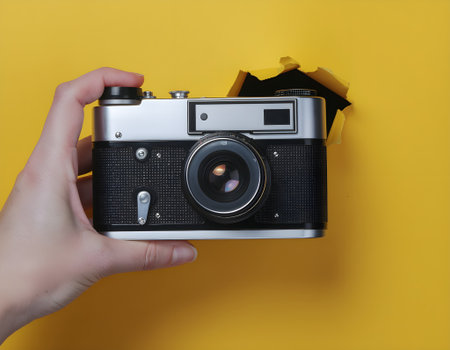 Vintage Camera Peeking Through Torn Yellow Paper - Capturing Memoriesの素材