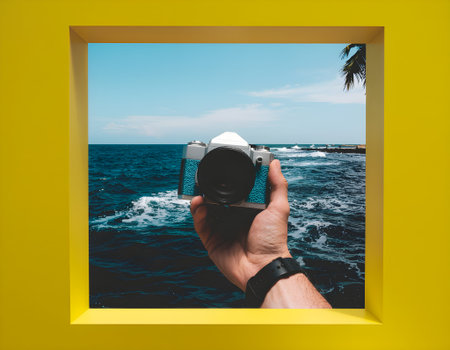 Capturing the Serenity A Photographer's View of the Ocean Through a Yellow Frameの素材
