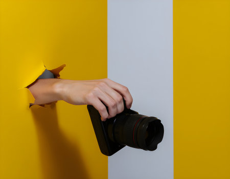 Hand Holding Camera Emerging from Yellow and White Wall - Photography Conceptの素材