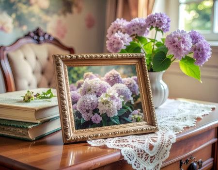 A beautifully framed close-up photo of pale purple hydrangeas sitting on a wooden dresser next to a stack of vintage books and a delicate lace clothの素材
