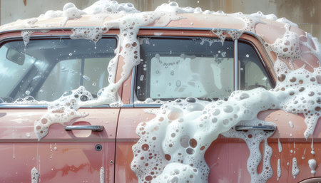 Classic Car Wash Suds and Bubbles on Vintage Vehicleの素材