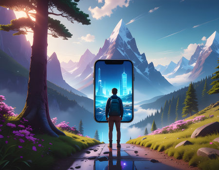 Man Gazing at a Futuristic City Skyline Reflected in a Smartphone Screen Amidst Majestic Mountainsの素材