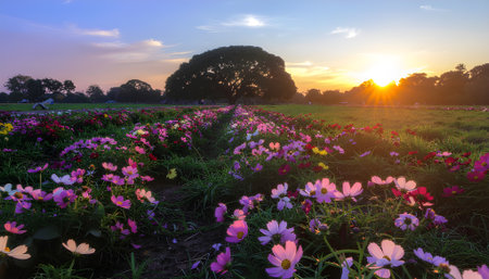Enchanting Meadow at Sunset A Serene Landscape Painting with a Majestic Tree and Vibrant Wildflowersの素材