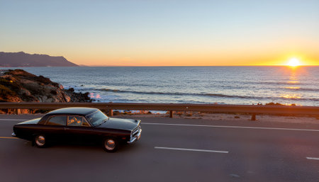 Classic Car Coastal Drive at Sunset Road Trip Adventure with Ocean Viewsの素材