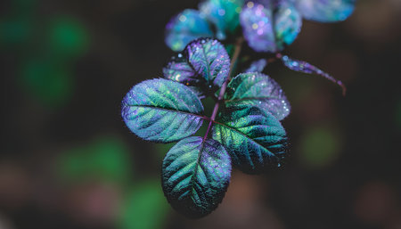 Vibrant Rainbow-Colored Leaves Covered in Dewdrops, Captured in Close-Up with a Soft Bokeh Backgroundの素材
