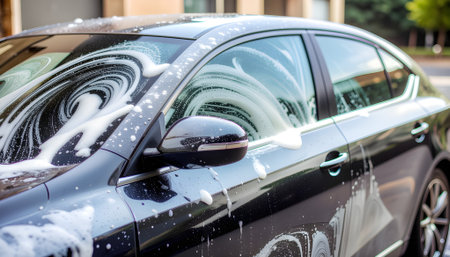 Close-up of a shiny black car being washed with soapy water, reflecting a blurred backgroundの素材