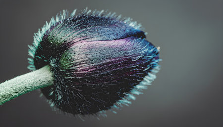 Close-up of a Single, Unopened Poppy Bud in Shades of Blue and Purple on a Smooth Background.の素材