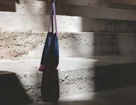 Tote bag on concrete steps, casting a shadow in natural light, minimalist compositionの素材