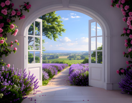 Lavender Dreams A Serene Escape Through an Open Doorway to a Floral Paradiseの素材