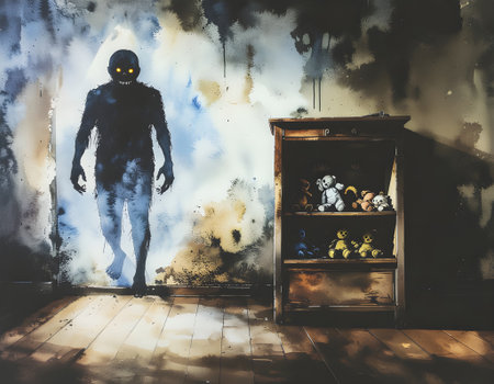 Shadow Figure in a Nursery Eerie Silhouette and Vintage Toy Collectionの素材