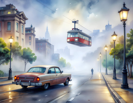 A classic car on a misty city street at dusk, with a sleek cable car overhead, illustrating a captivating blend of vintage and modern urban transit.の素材