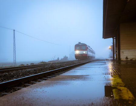 A solitary train emerges from a thick, ethereal fog, approaching a desolate, wet railway station platform, creating a serene and atmospheric scene on a misty morning.の素材