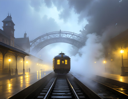 Illuminated vintage steam train waiting at a foggy, atmospheric railway station platform at nightの素材