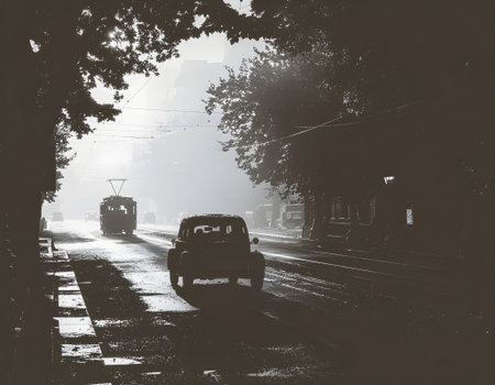 Vintage Morning Commute Car and Tram Silhouettes in the Mistの素材