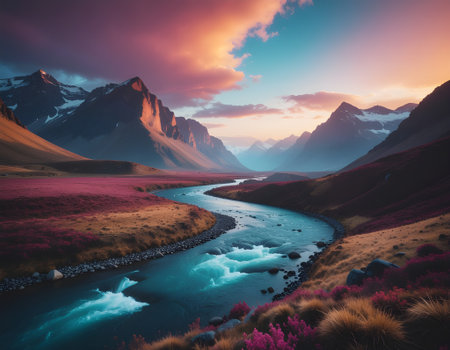 A tranquil river winds through a dramatic mountain range under a breathtaking, colorful sky during a vibrant sunset.の素材