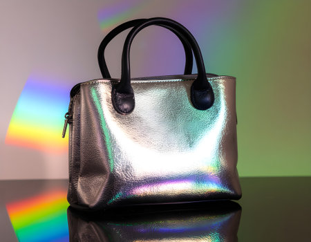 Fashionable holographic handbag with a shiny metallic finish reflecting a vibrant rainbow light spectrum.の素材