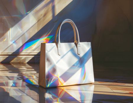 Stylish white tote bag on a sunlit floor bathed in beautiful rainbow prism light refractionsの素材