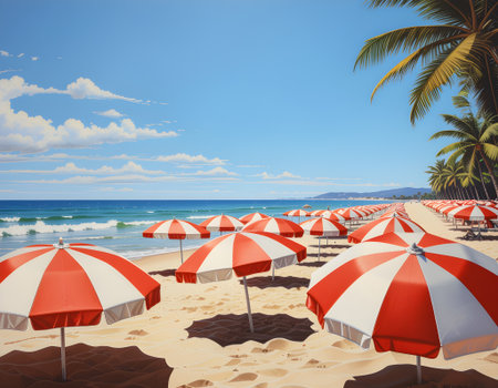 Vibrant red and white striped beach umbrellas lined up on a sun-drenched sandy shore next to the ocean.の素材