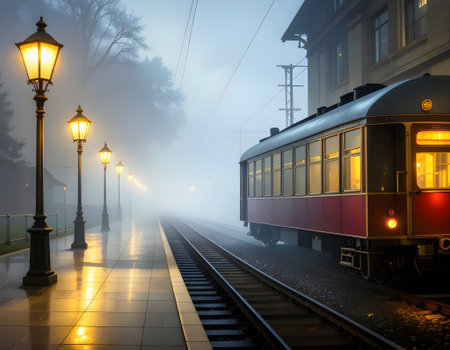 Atmospheric scene of a vintage train waiting at a foggy, lamp-lit railway platform at twilight.の素材