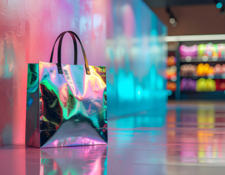 A vibrant holographic shopping bag reflecting colorful neon lights in a modern, stylish retail store interior.の素材