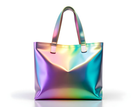Stylish iridescent tote bag with a holographic metallic finish. Colorful futuristic women's shopper handbag accessory isolated on a white background.の素材