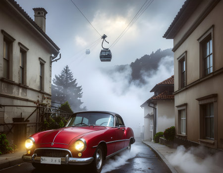 Vintage red car driving through a foggy European mountain village with a cable car overhead.の素材
