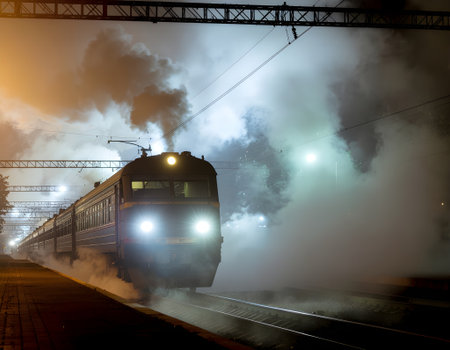 Atmospheric night scene of a passenger train arriving at a railway station, shrouded in a cloud of illuminated steamの素材