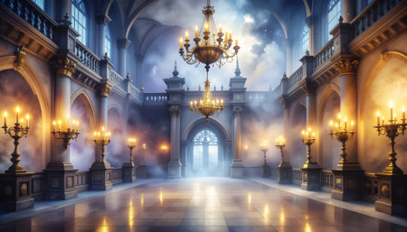 Majestic and opulent ballroom in a fantasy palace with shimmering chandeliers and an ethereal, misty glow.の素材