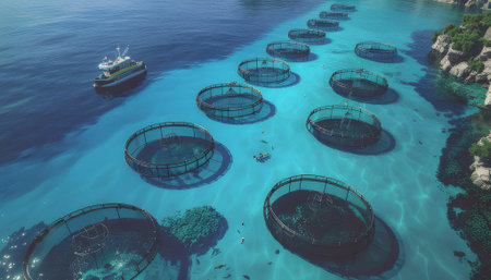 Sustainable Aquaculture Circular Fish Farms in a Tropical Ocean Bayの素材
