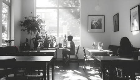 A quiet moment of solitude in a sun-drenched cafe, a pensive scene captured in monochrome.の素材