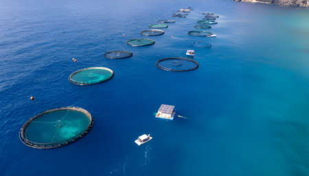 Sustainable Aquaculture Fish Farm Modern Ocean Ecosystem for Seafood Productionの素材