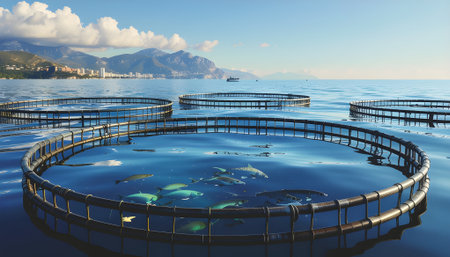Offshore aquaculture fish farm with circular net cages for breeding salmon in the open sea. Sustainable seafood production and industry concept.の素材