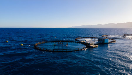 Aerial view of a circular fish farm cage in the open blue ocean, representing modern mariculture for sustainable seafood production.の素材