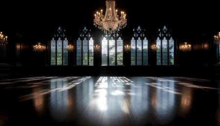 Luxurious and majestic empty ballroom in a dark palace with a glowing crystal chandelier and sunlit arched windows.の素材
