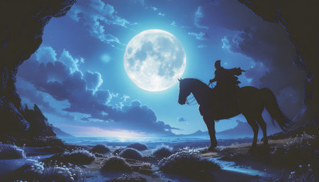 Silhouette of a mysterious rider on horseback gazing at a luminous full moon in a tranquil, fantasy nightscape.の素材