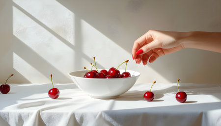 A simple summer scene of a woman enjoying fresh, ripe cherries in a white bowl in a sunlit roomの素材