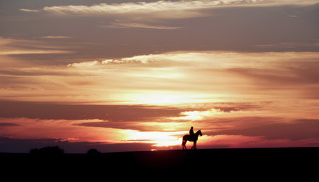 Lone horseman silhouetted against a breathtaking prairie sunset, a moment of solitude and freedom.の素材