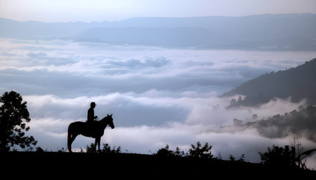 Silhouette of a lone rider on horseback overlooking a serene, cloud-filled mountain valley at dawn.の素材