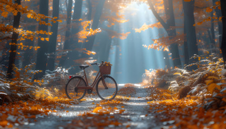 Serene autumn scene with a vintage bicycle on a forest trail illuminated by beautiful morning sunbeams.の素材