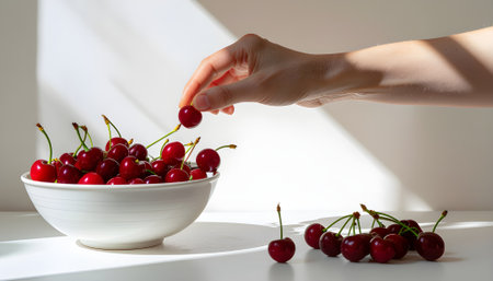 Hand selecting a ripe cherry from a white bowl of fresh summer fruit in bright, natural sunlight.の素材