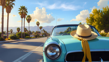 Classic turquoise convertible with a straw hat on a scenic summer road trip along a sunlit, palm-tree-lined highway.の素材