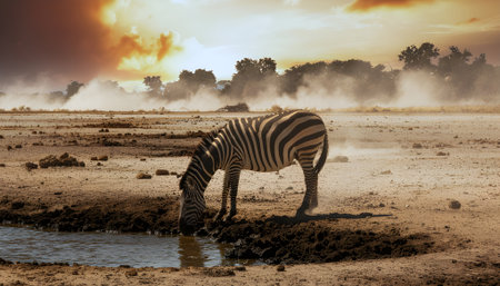 A lone zebra survives in the arid African savannah, drinking from a waterhole at a dramatic, dusty sunset.の素材