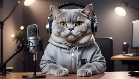 A funny British Shorthair cat wearing a hoodie and headphones, broadcasting from a professional studio with a microphone.の素材