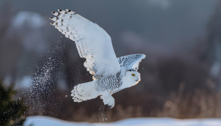 Majestic snowy owl in flight, illuminated by winter light as it kicks up a cloud of sparkling snowの素材
