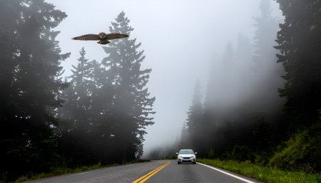 A majestic owl soars above a car on a scenic road trip through a mysterious, fog-shrouded evergreen forest.の素材