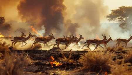 A herd of gazelles desperately running to escape a raging wildfire in the savanna, a dramatic scene of wildlife survival against a natural disaster.の素材