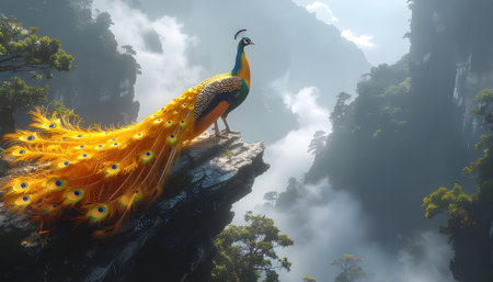 Majestic golden peacock with a magnificent flowing tail perched on a rocky ledge in a misty mountain landscape.の素材