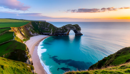 Scenic coastal landscape with a natural stone arch over a tranquil turquoise bay during a beautiful sunset.の素材