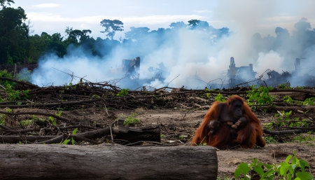 Heartbreaking image of a mother orangutan and infant displaced by a fire during rainforest deforestation.の素材